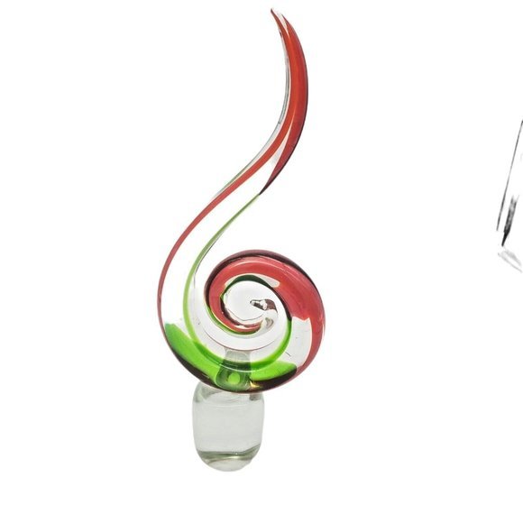 Swirl Art Glass Hand Blown Red Green Spirt Etched Sculpture Form Modern Holiday - Picture 2 of 7